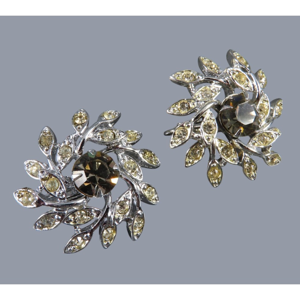 VTG Sarah Coventry Clip-On Earrings SNOWFLAKE RHINESTONES Smoky & Clear SILVER